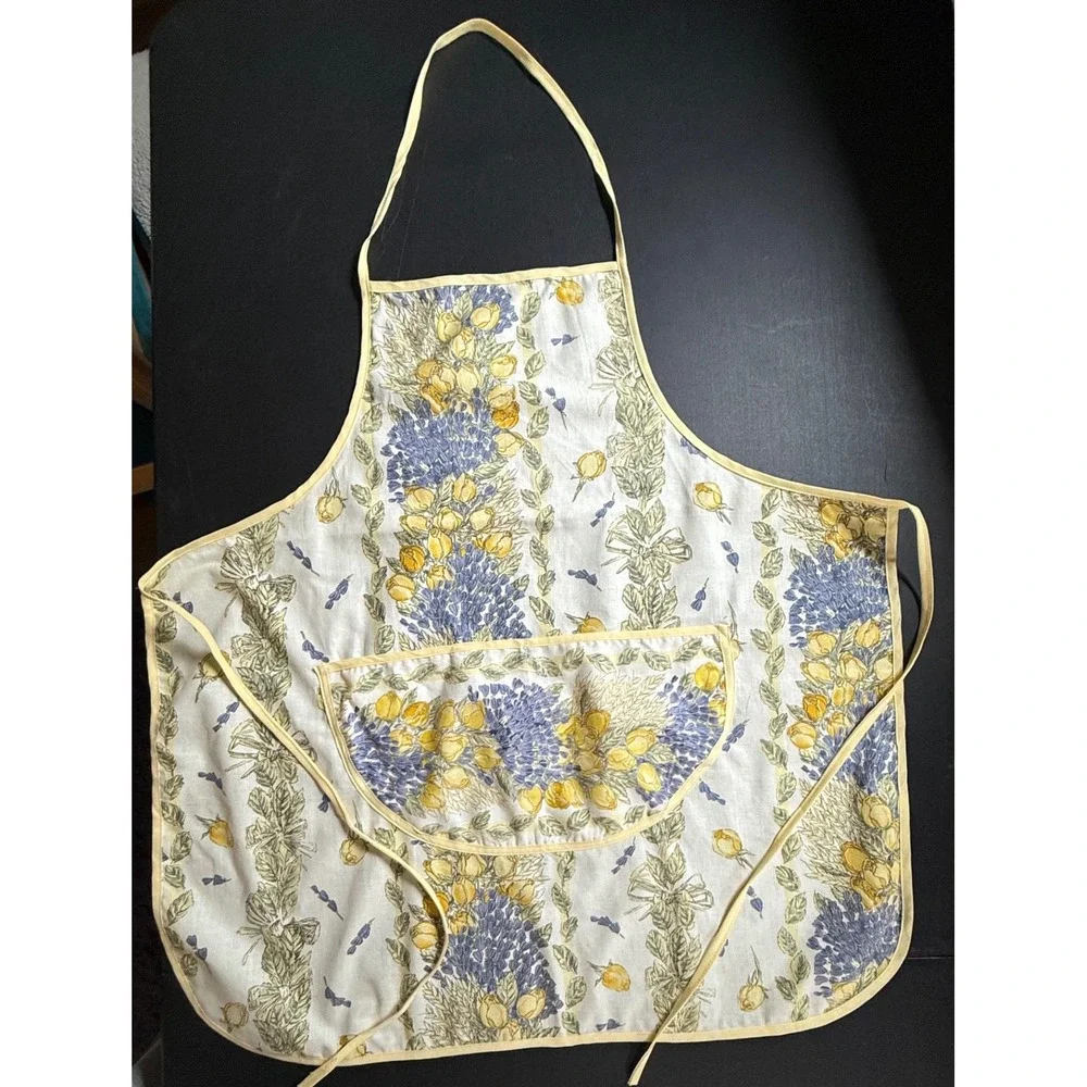 Tablecloths etc Floral Bib Apron Yellow Blue Lavender Roses Cottagecor Pocket